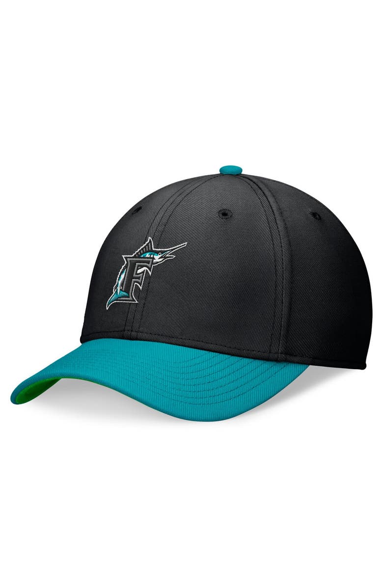 Nike Men's Nike Black/Teal Florida Marlins Cooperstown Collection Rewind Swooshflex Performance Hat, Alternate, color, 