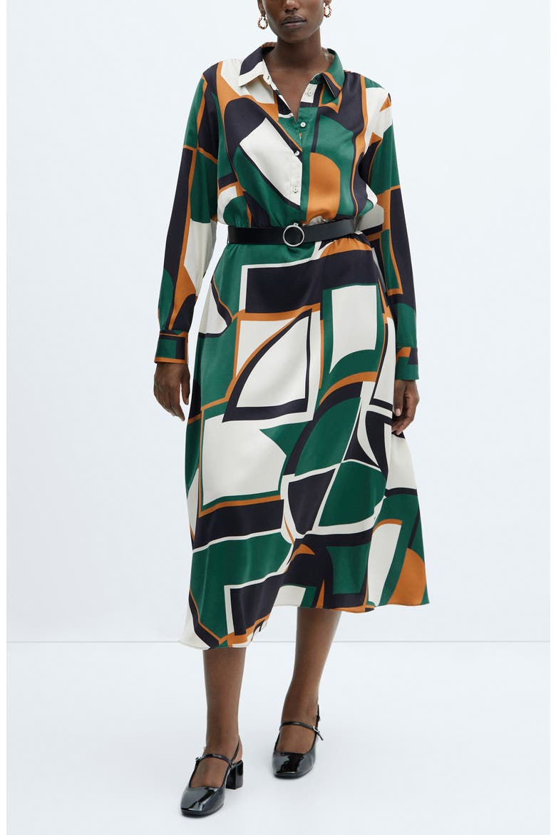 Geo Print Long Sleeve Midi Shirtdress, Alternate, color, GREEN