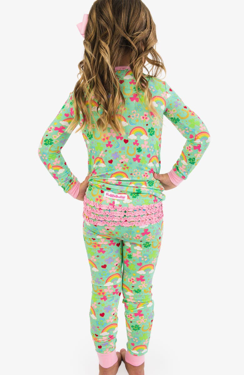 RuffleButts Kids' Lucky Day Ruffle Long Sleeve Fitted Pajamas, Alternate, color, Green