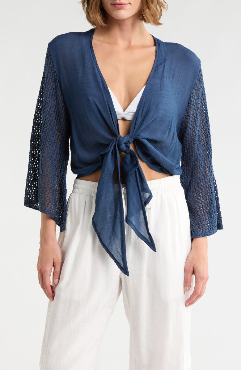 Elan Tie Front Bell Sleeve Cover-Up Top, Main, color, Navy