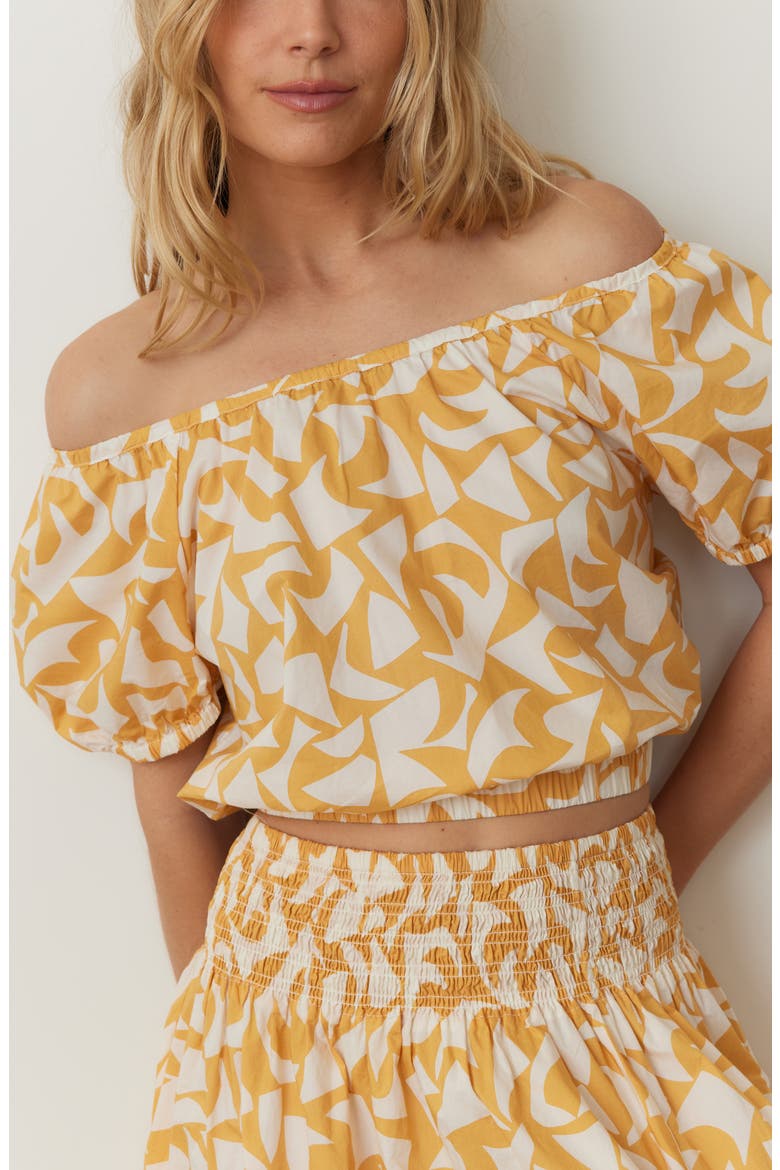 Marella Abstract Print Puff Sleeve Pima Cotton Crop Top, Main, color, MARIGOLD GEO
