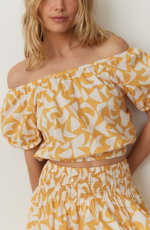 Marella Abstract Print Puff Sleeve Pima Cotton Crop Top