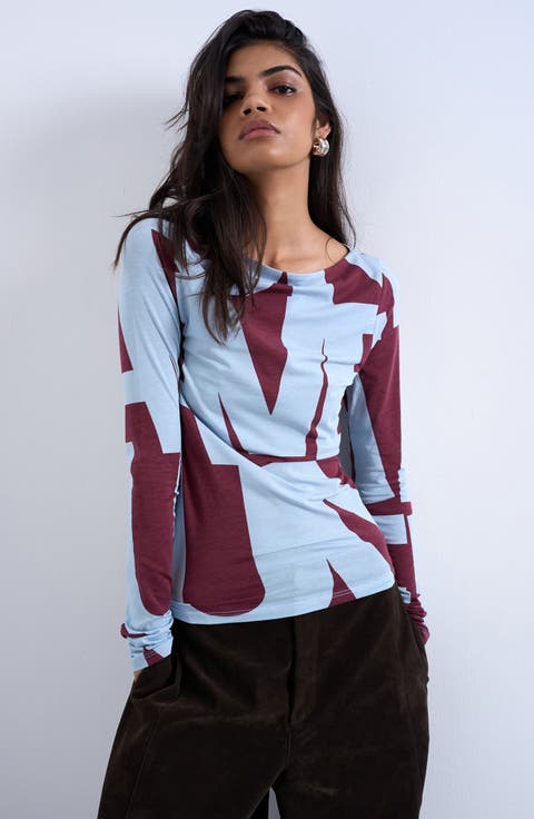 Abstract Print Long Sleeve Stretch Cotton Blend Top