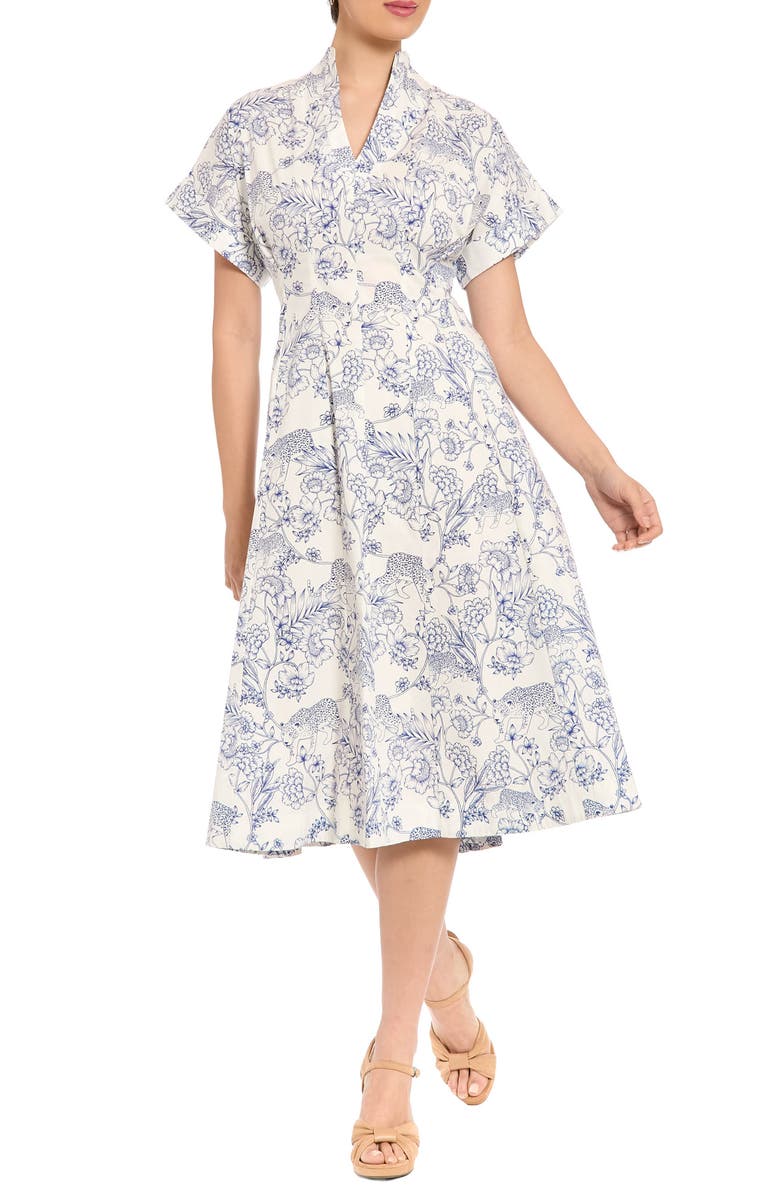 London Times Safari Drop Shoulder Midi Dress, Main, color, Soft White/ Dark Sea