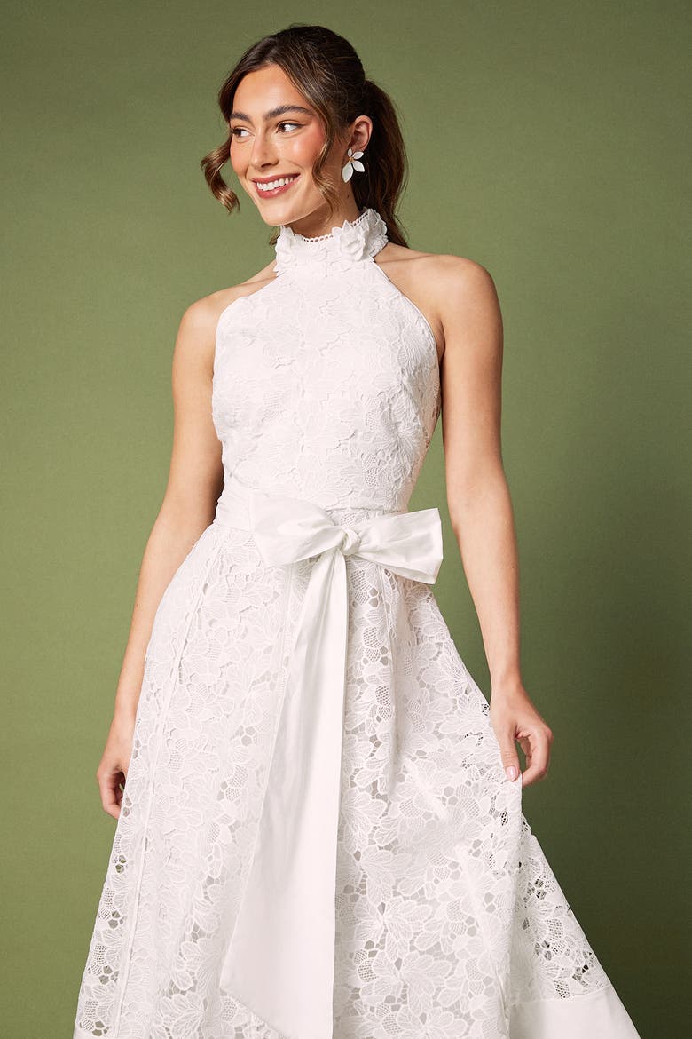 Halterneck Belted Lace Midi Dress, Alternate, color, Ivory