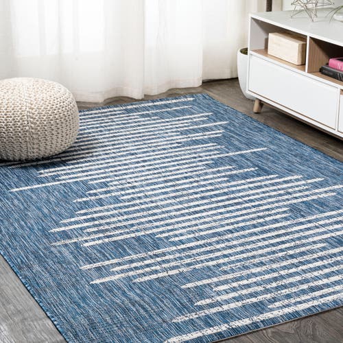 Jonathan Y Zolak Berber Stripe Geometric Indoor/outdoor Area Rug In Blue/ivory