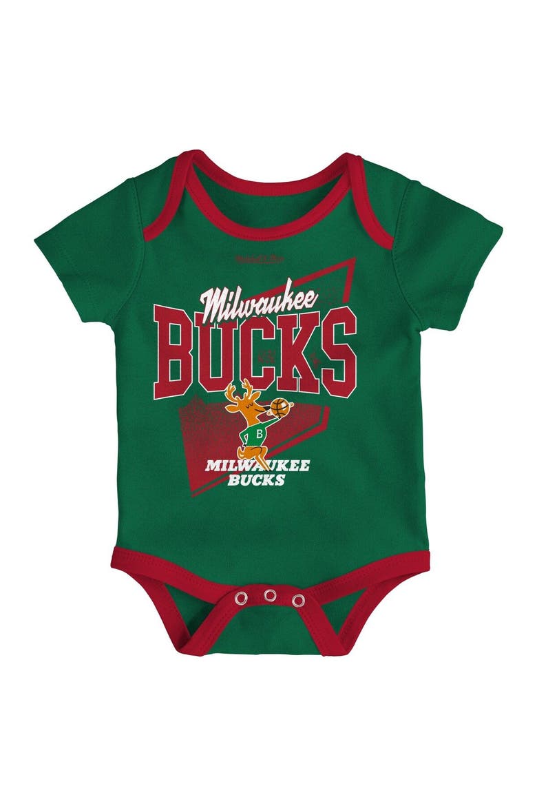 Infant Mitchell & Ness Hunter Green/Red Milwaukee Bucks Hardwood Classics Bodysuits & Cuffed Knit Hat Set, Alternate, color, Green