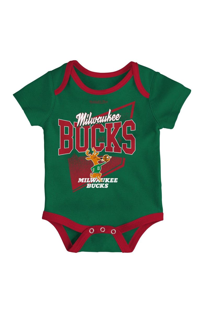 Mitchell & Ness Infant Mitchell & Ness Hunter Green/Red Milwaukee Bucks Hardwood Classics Bodysuits & Cuffed Knit Hat Set, Alternate, color, Green