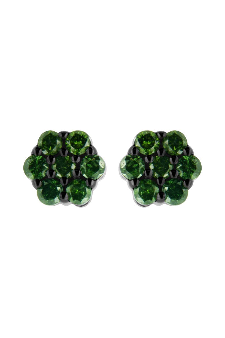 Silver 4.0 Cttw Round Treated Green Diamond Floral Cluster Stud Earring, Main, color, Green Diamond | White