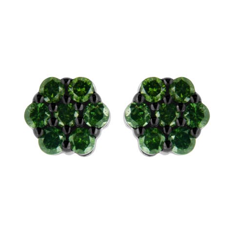 Silver 4.0 Cttw Round Treated Green Diamond Floral Cluster Stud Earring