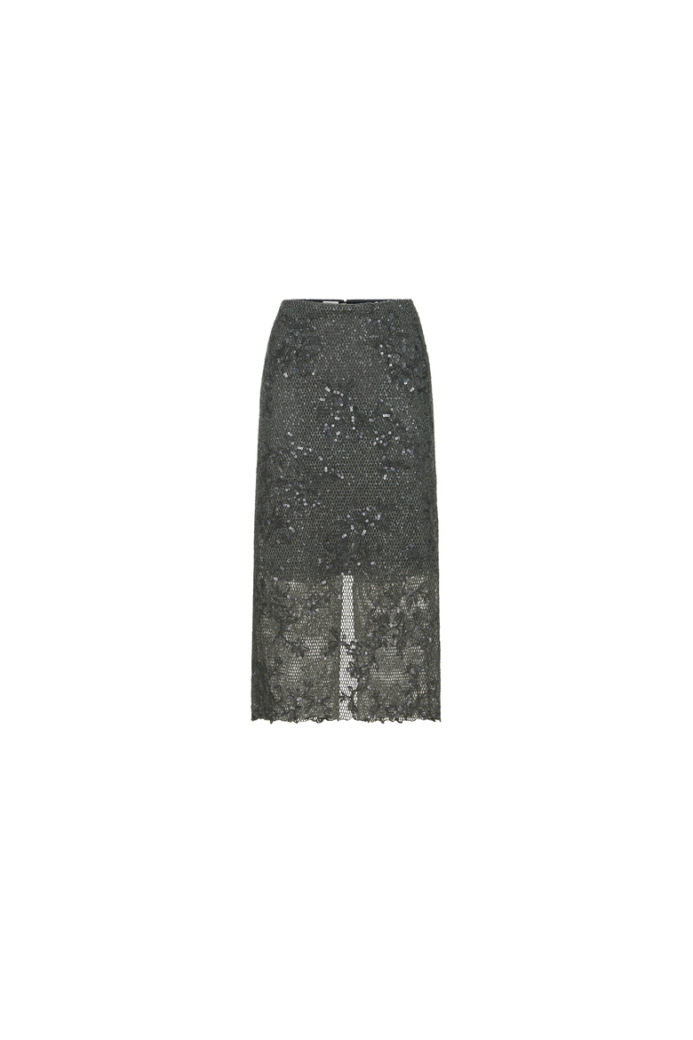 Dazzling lace embroidery pencil skirt in sparkling mohair and wool, Alternate, color, Dark Grey