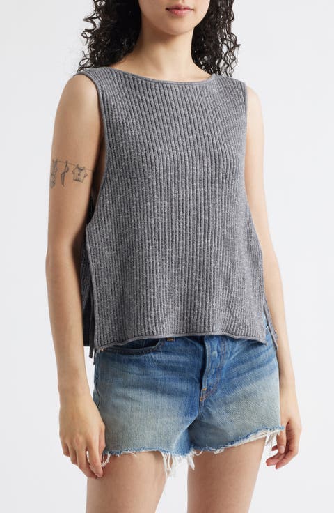 Lizzie Rib Side Tie Sleeveless Cotton & Linen Blend Sweater