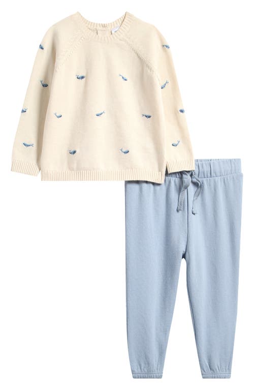 Nordstrom Embroidered Crewneck Sweater & Terry Cloth Joggers Set In Ivory Egret Whales- Blue Fog