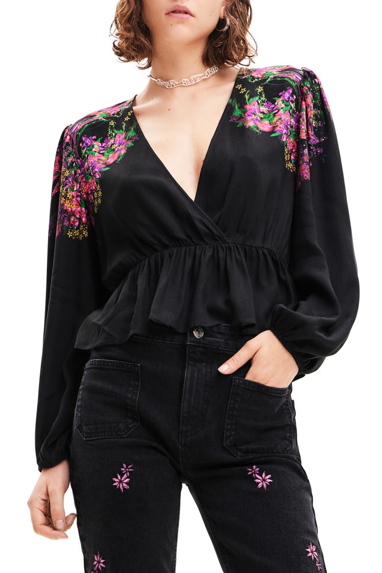 Blus Lorna Floral Print Peplum Top, Main, color, BLACK