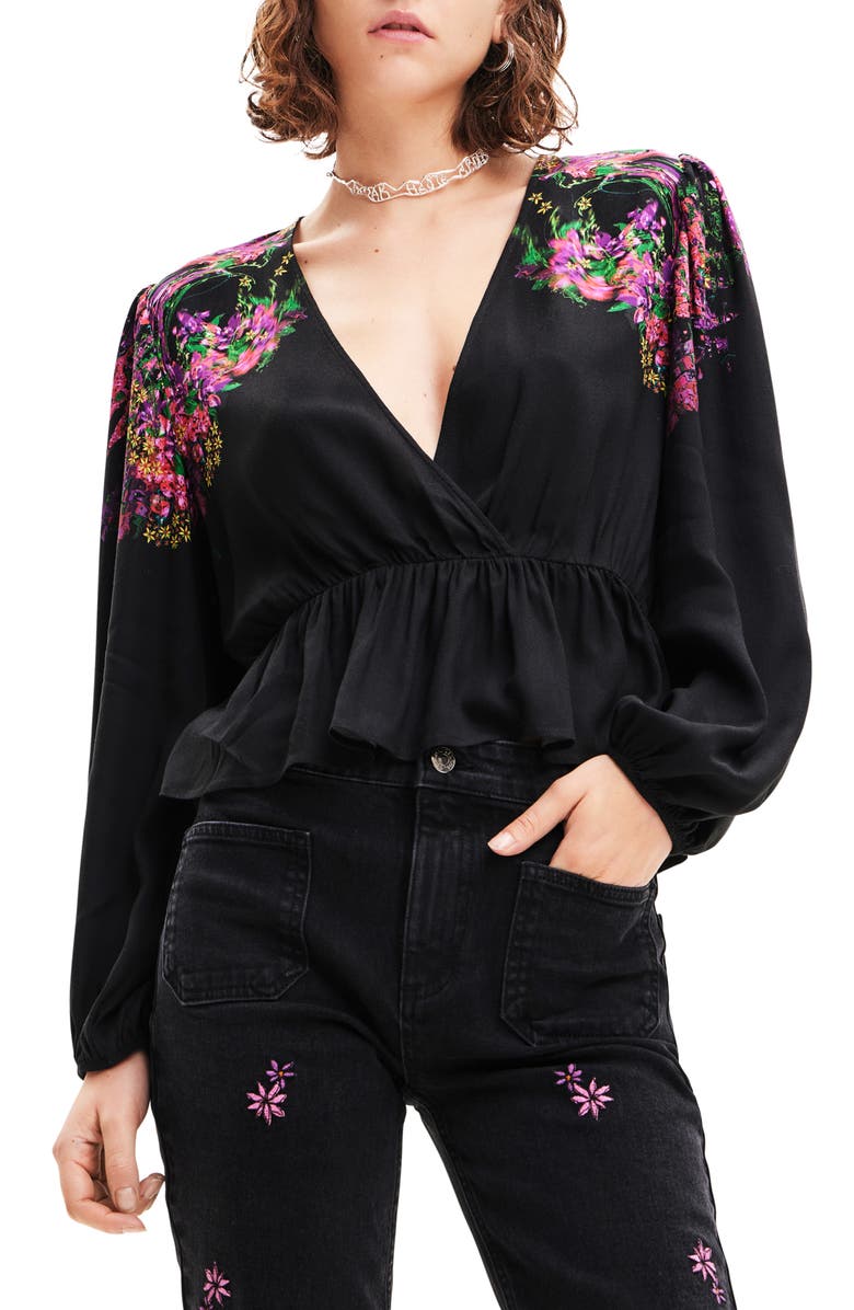 Desigual Blus Lorna Floral Print Peplum Top, Main, color, 