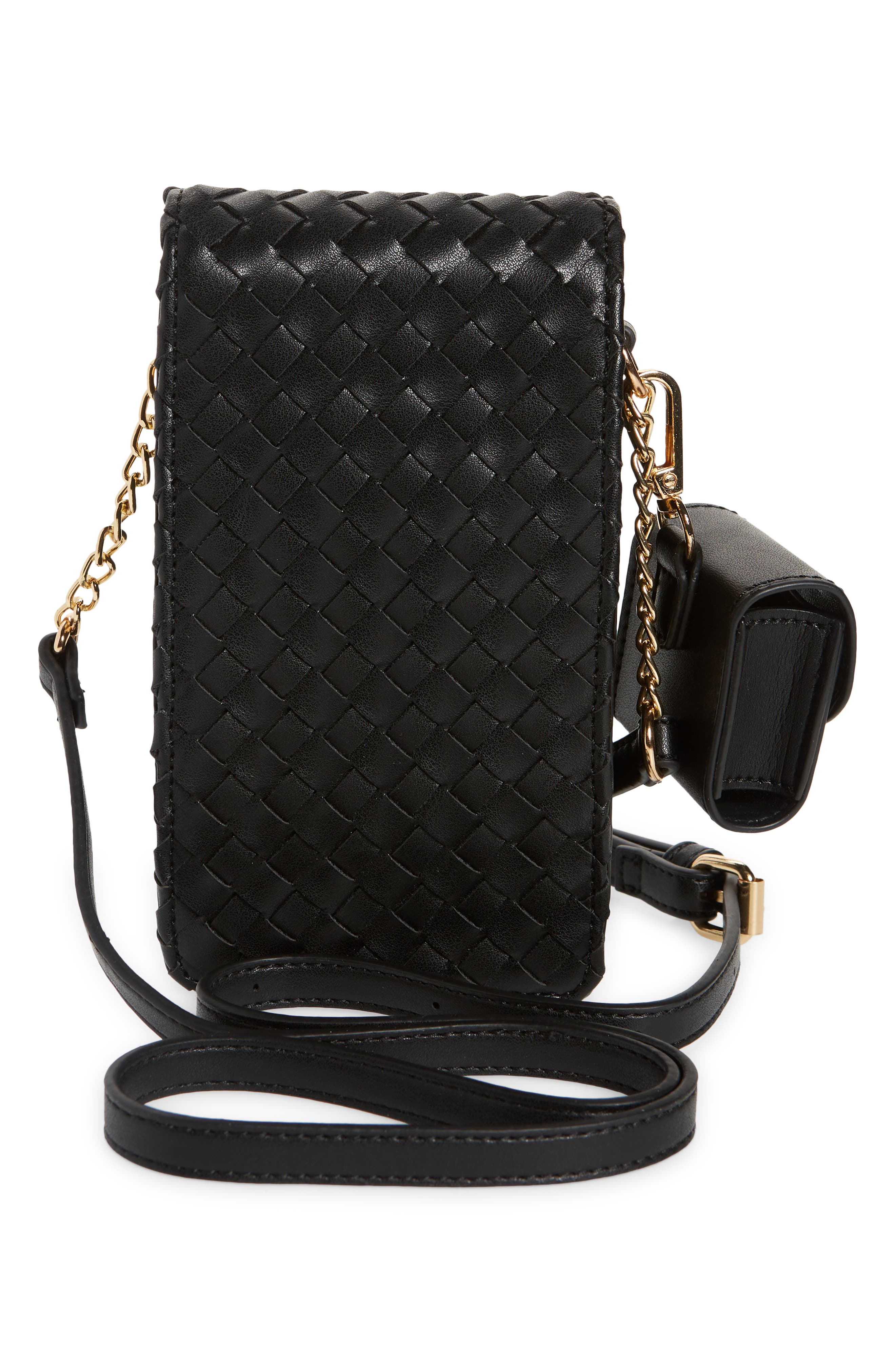 Woven Vegan Leather Phone Crossbody Bag, Alternate, color, BLACK