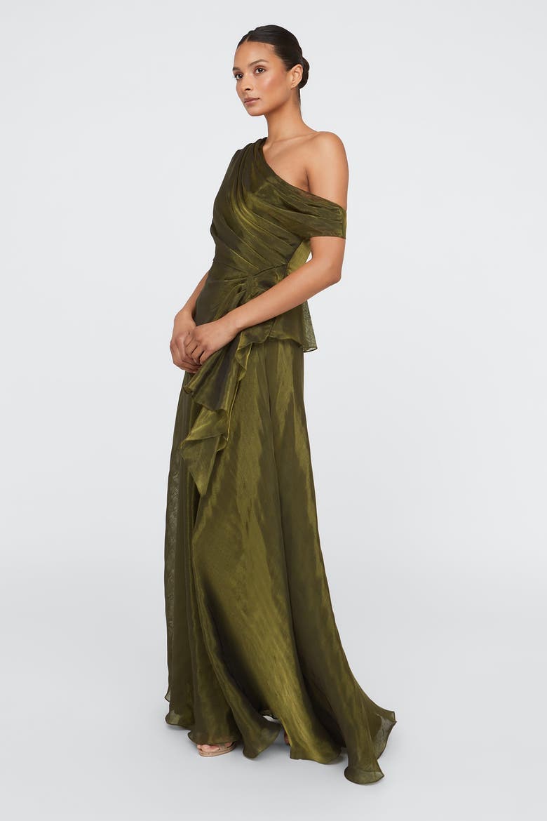 Avalina Organza Lame Gown, Alternate, color, Olive Gold