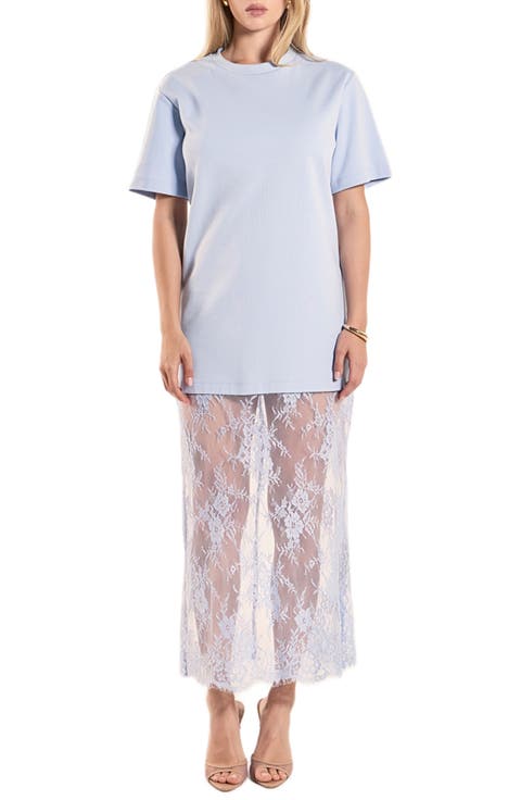 Mixed Media Cotton Knit & Lace T-Shirt Dress