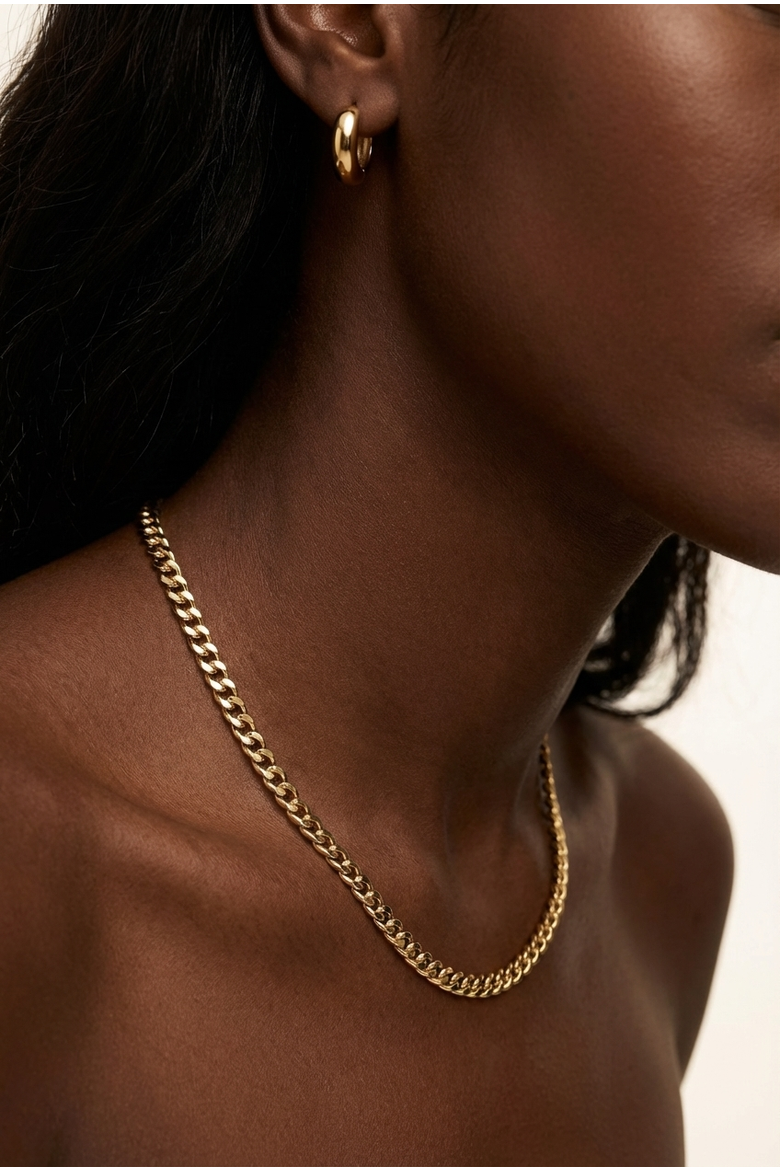 Cuban Link Chain 18K Gold Plated Necklace And Huggie Earring Set, Alternate, color, Metallic Gold