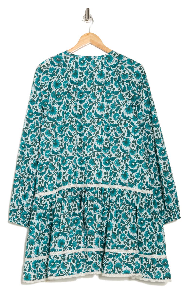 Maisie Tassel Tie Long Sleeve Tiered Minidress, Alternate, color, Turquoise / Ivory