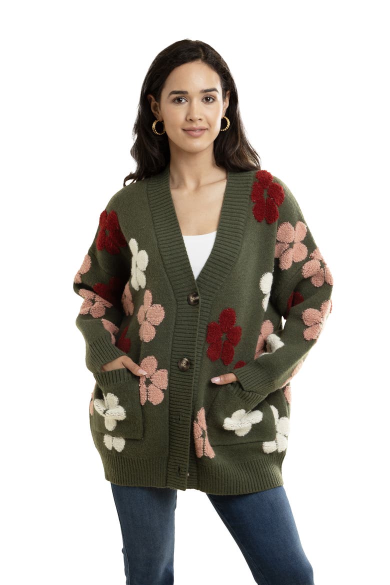 Floral Buttoned Cardigan, Alternate, color, GREEN