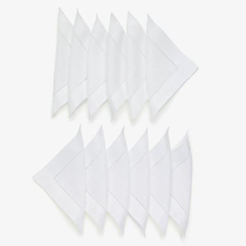 Linen Cocktail Napkins Set of 12, 6 x 6 Inch for Dining Table, Holiday and Everyday Table Decor - Classic Hemstitch