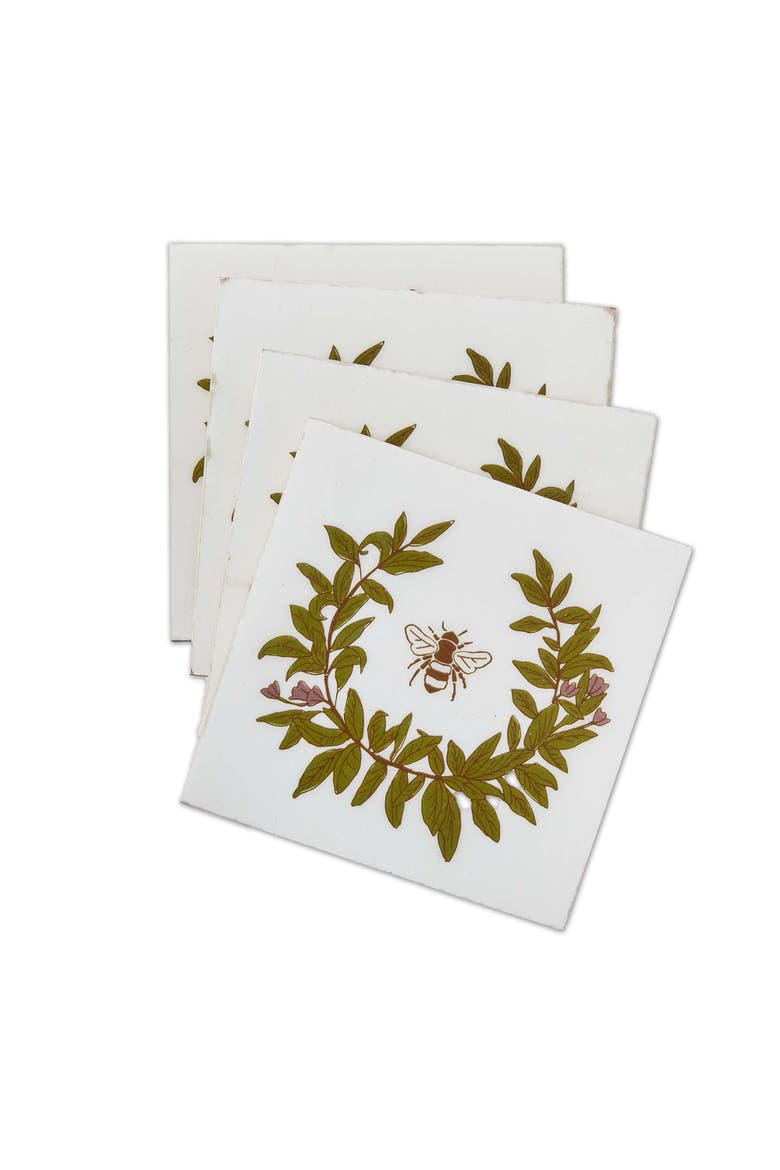 Bee Coaster Set Multicolor Wooden Coasters for Spring Summer, Main, color, White