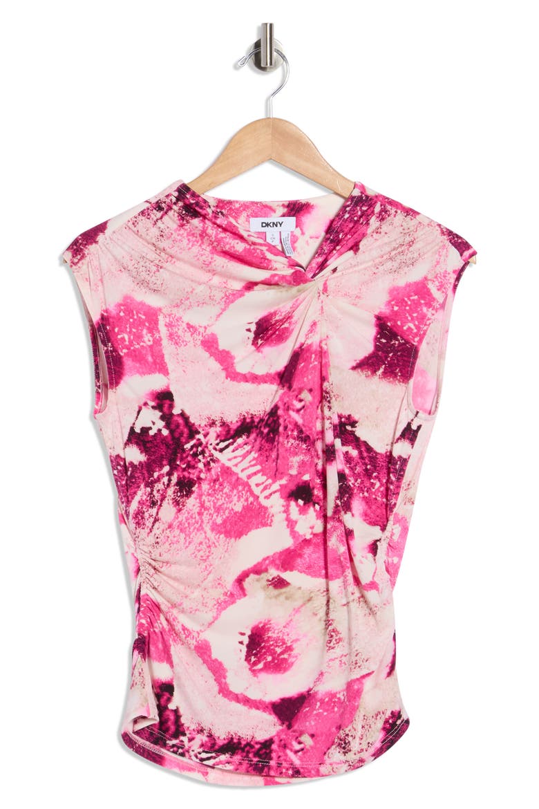 Asymmetrical Ruched Knit Top, Alternate, color, HOT PINK/ PEBBLE COMBO