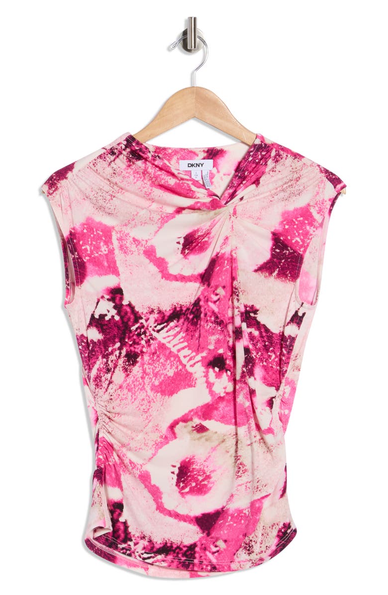 DKNY Asymmetrical Ruched Knit Top, Main, color, Hot Pink/ Pebble Combo