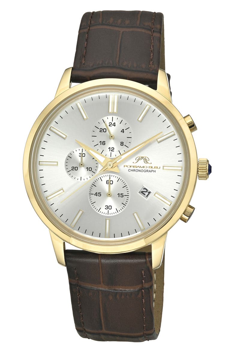 Aura Leather Strap Chronograph Watch, 44mm, Main, color, GOLD BROWN