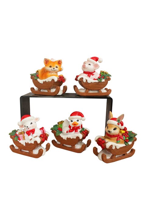 Christmas Critters Animals On Sleighs Set Of Five Figurines