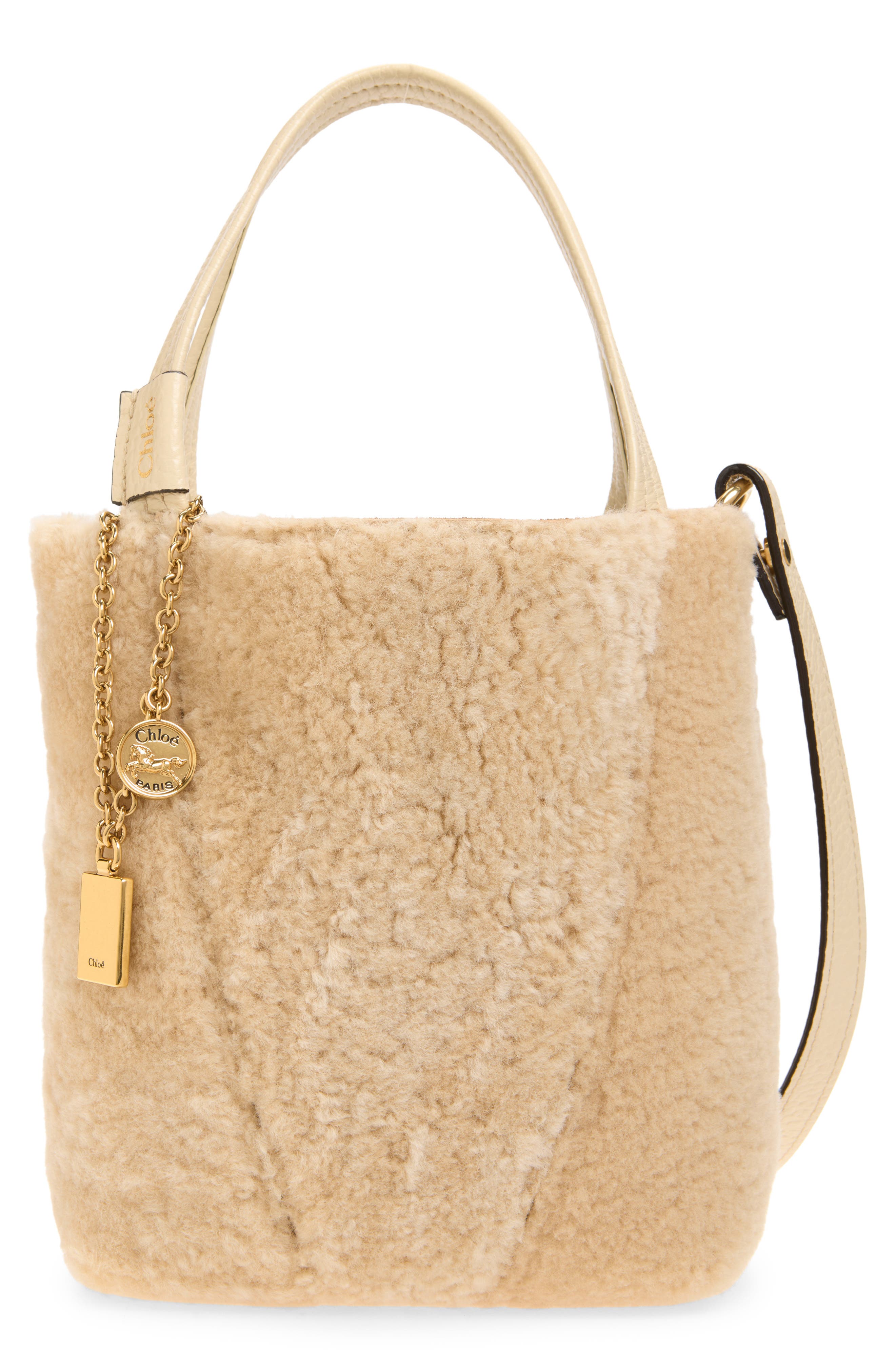 Spin Shearling Leather Mini Bucket Bag, Main, color, SWEET BEIGE