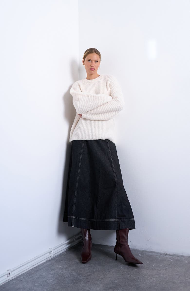 Topshop Balloon Sleeve Crewneck Rib Sweater, Alternate, color, Ivory