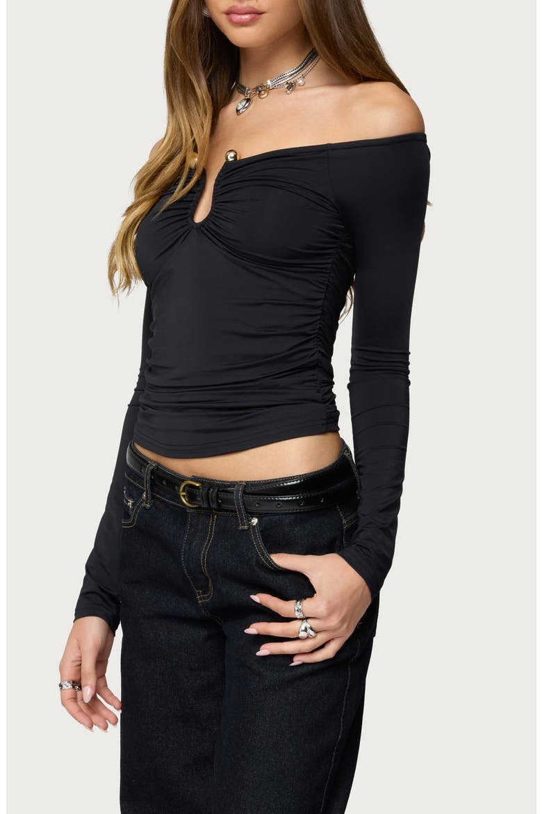 Halle Abstract Wavy Hardware Off the Shoulder Top, Alternate, color, BLACK