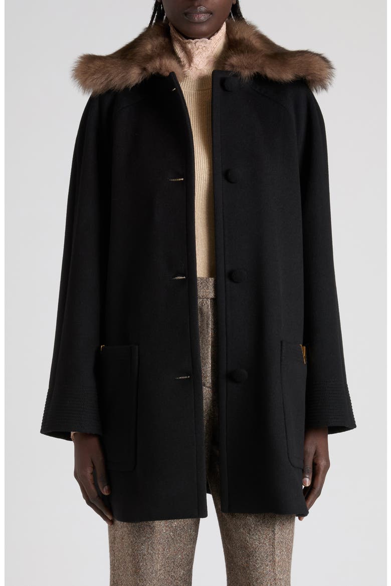 Genuine Shearling Collar Wool Coat, Main, color, BLACK