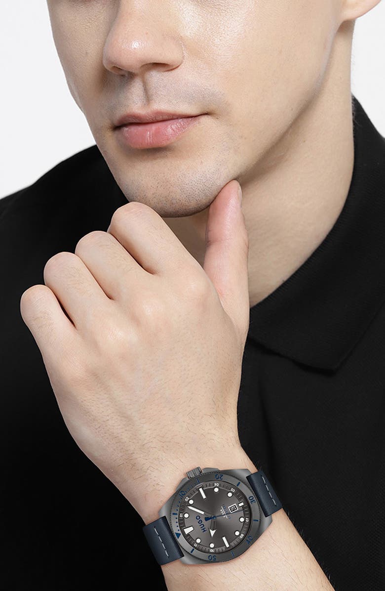 BOSS Visit Leather Strap Watch, 44mm, Alternate, color, Gray