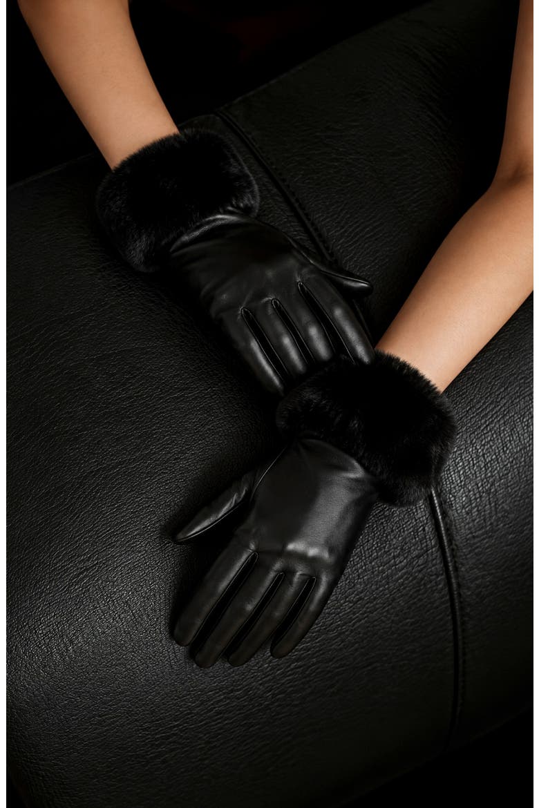 Faux Fur Trim Faux Leather Tech Gloves, Alternate, color, BLACK