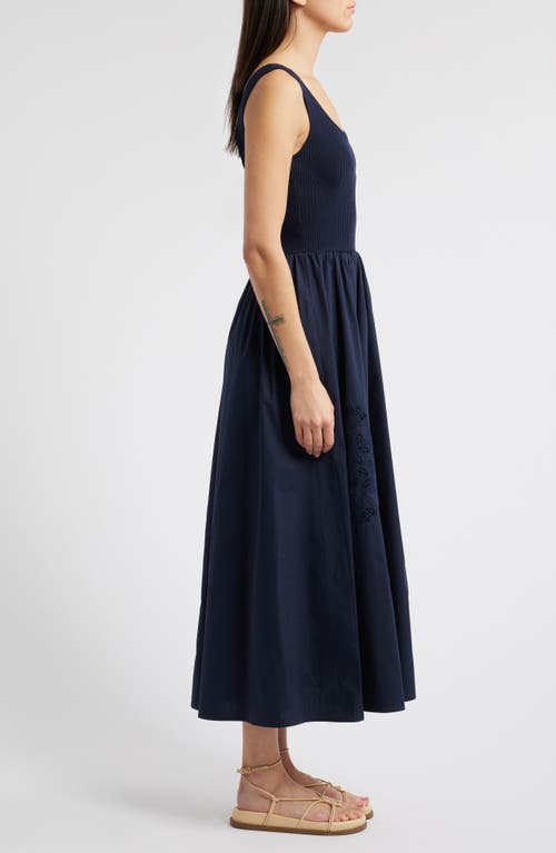 Moon River Sleeveless Mixed Media Midi Dress In Navy