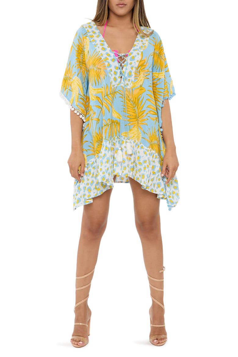 Palm Leaf Cotton Caftan, Main, color, BLUE
