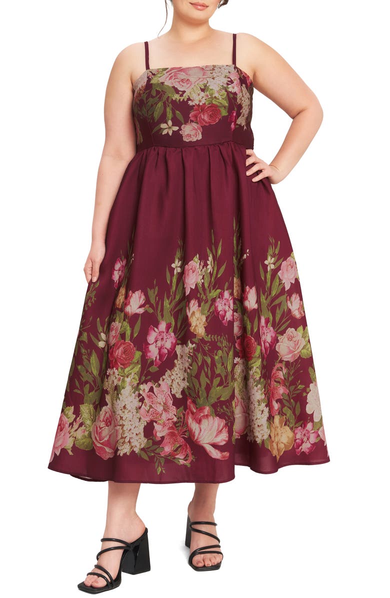 FLYING TOMATO Floral Fit & Flare Maxi Dress, Main, color, Burgundy