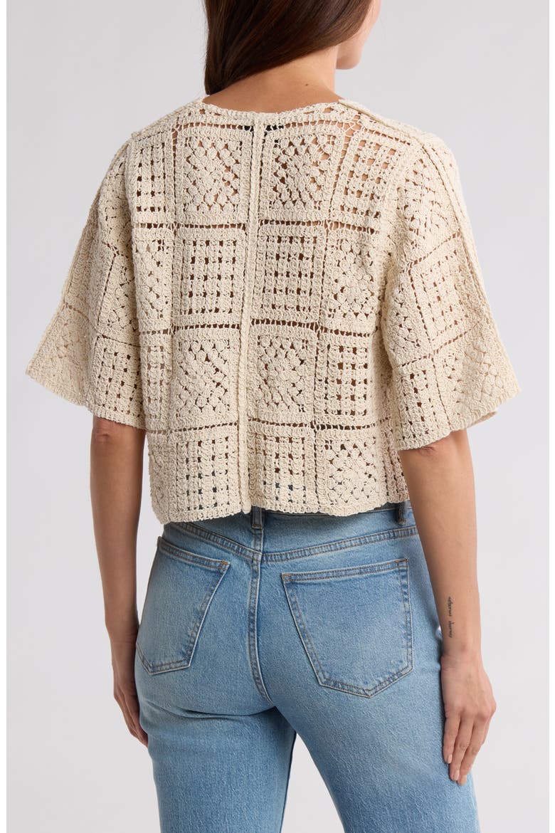 Crochet Short Sleeve Button-Up Top, Alternate, color, NATURAL
