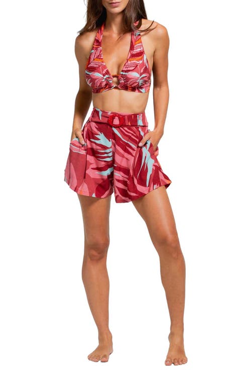 Tropical Print Belted Cover-Up Shorts