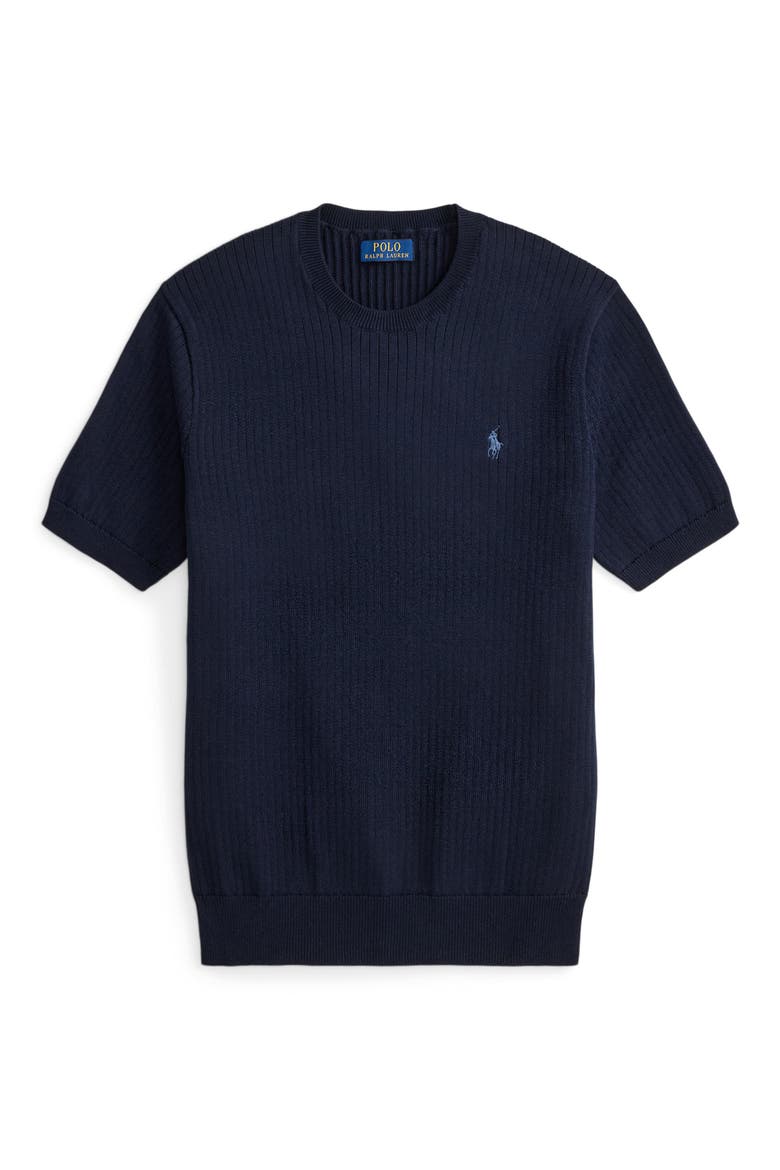Ribbed Cotton Short Sleeve Sweater, Alternate, color, HUNTER NAVY