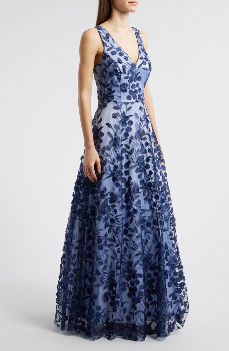 Eliza J Embroidered Floral Illusion Lace A-Line Gown, Alternate, color, Navy Blue