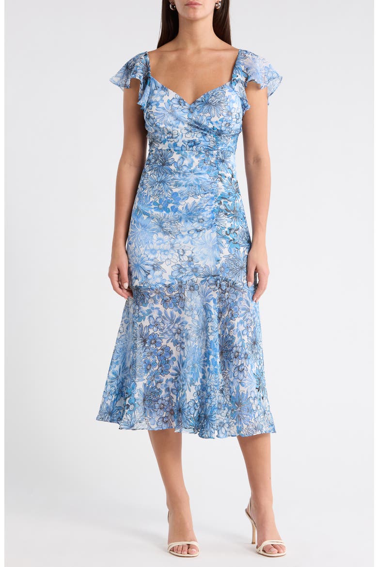 Tierra Floral Nadia Ruched Midi Dress, Main, color, BLUES
