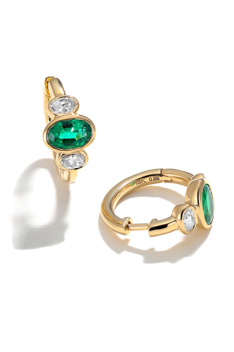 Three Stone Oval Cut Emerald & Diamond Huggie Hoop Earrings, Alternate, color, EMERALD