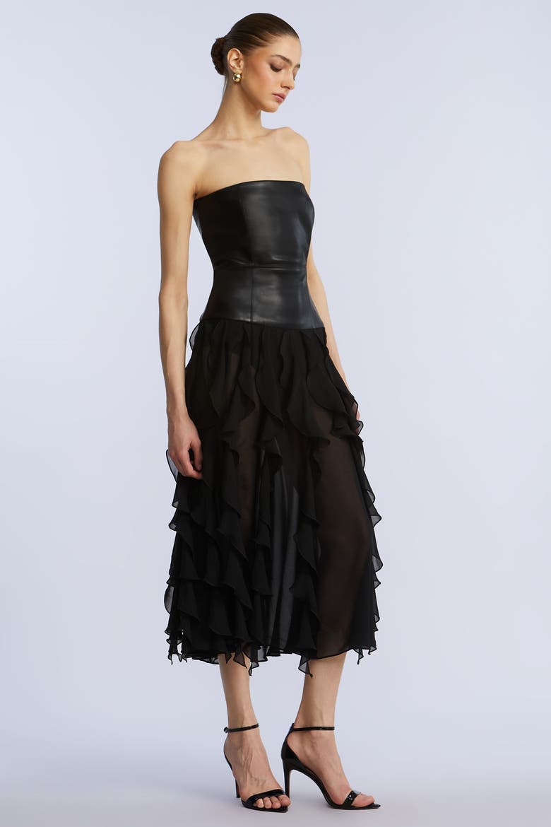 Leather Chiffon Dress, Alternate, color, Black