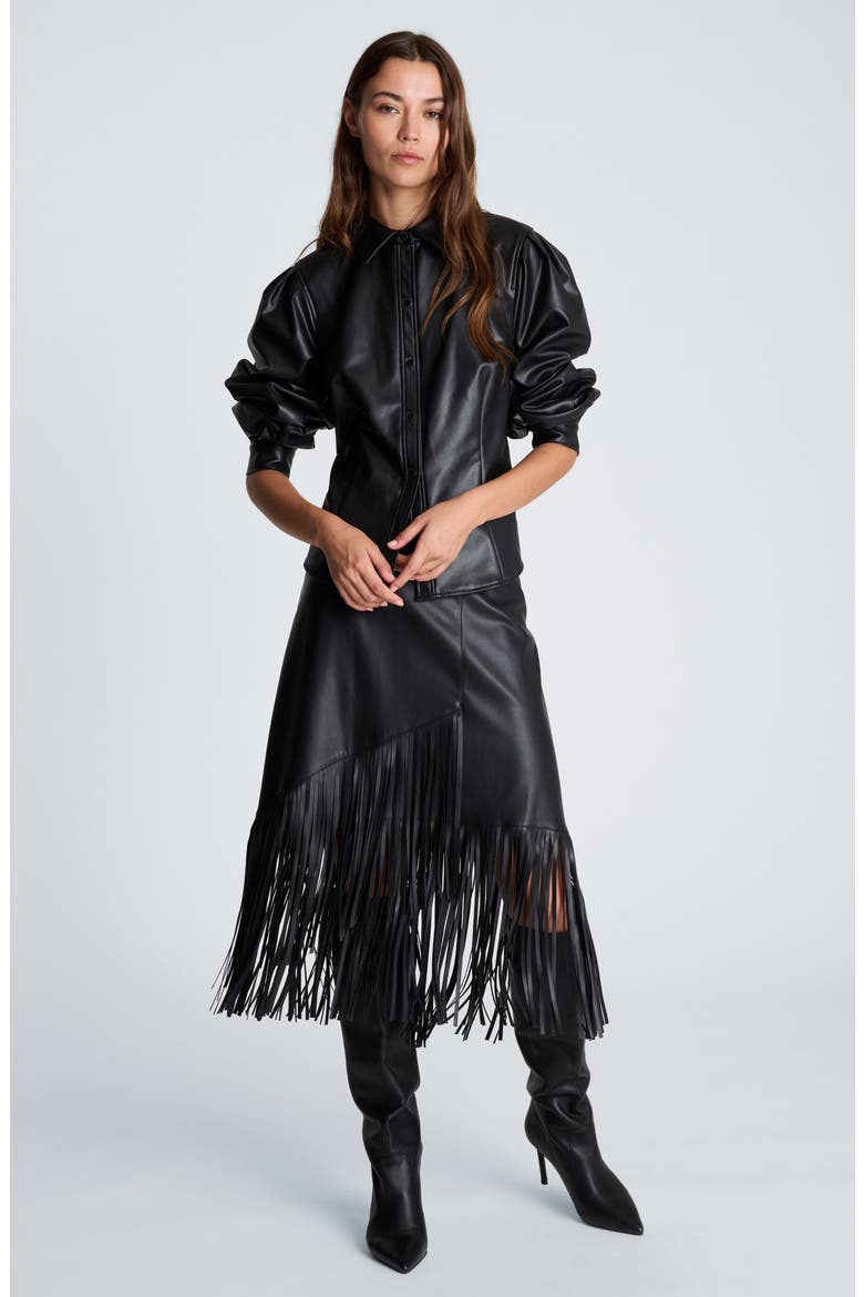 Pleated Faux Leather Snap Front Top, Alternate, color, BLACK