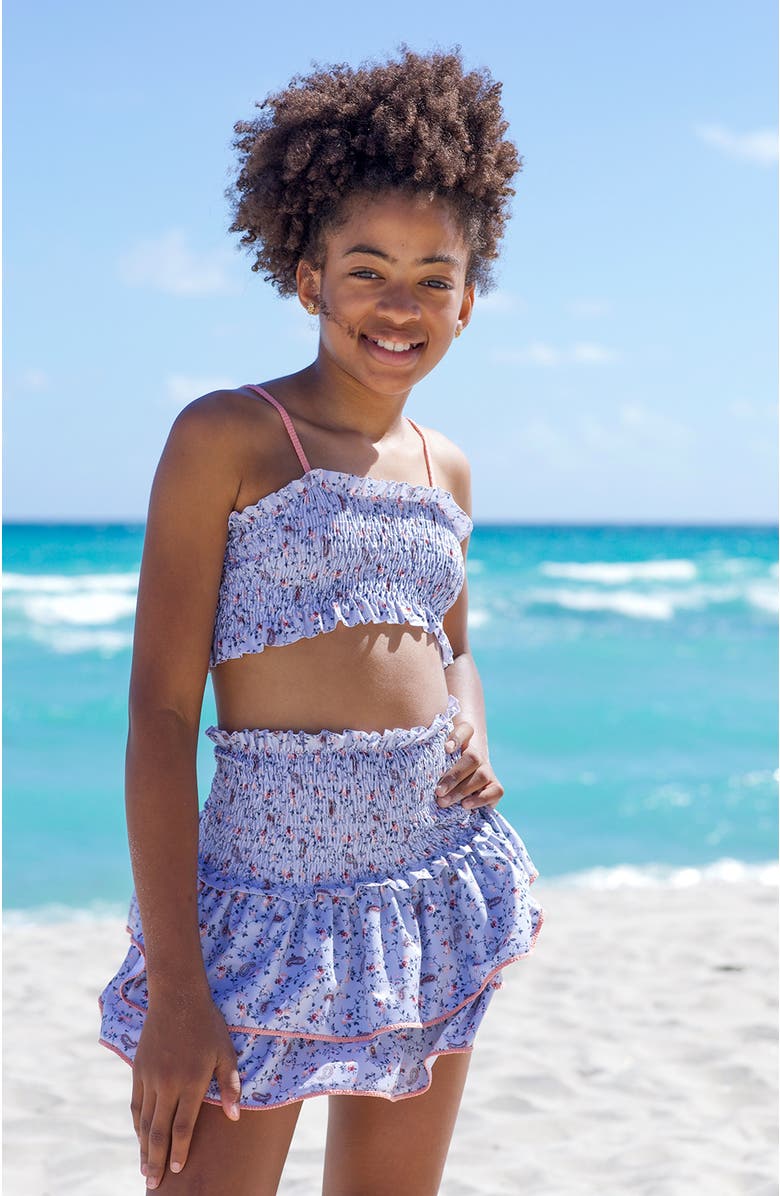 NESSI BYRD Vintage Floral Print Double-Layered Ruffled Cover-Up Skirt, Alternate, color, Grey