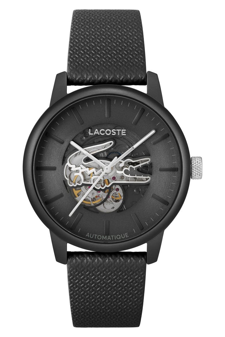 12.12 Automatique Leather Strap Watch, 44mm, Main, color, BLACK